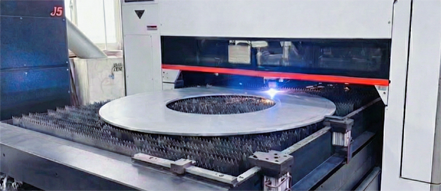 Close-up of laser beam cutting thick metal plate, highlighting clean edge and efficiency